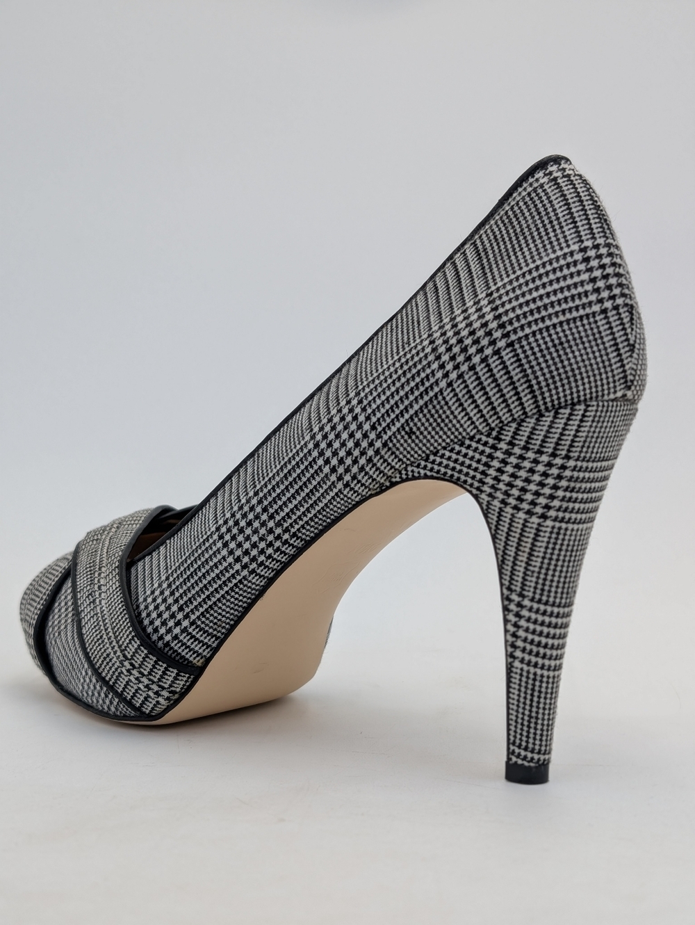 Talbots Sz 9.5M Plaid Black & White Textile Uppers Peep-Toe Crisscross Stiletto - Picture 6 of 17